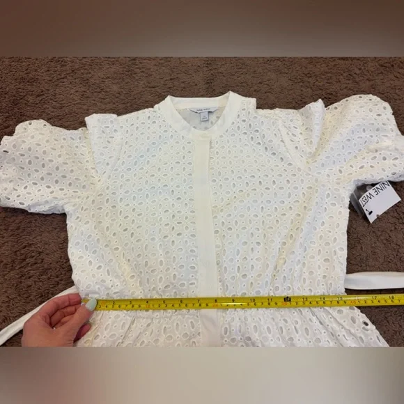 Nine West White Belted Puff Sleeve Eyelet Dress Fit Flare Cottagecore M NEW - Picture 9 of 9